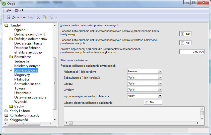 Rys. 3 Zakładka Limit kredytowy okna konfiguracji Definicja dokumentu i uprawnienia W definicji dokumentu na zakładce Pozostałe dostępne są parametry Kontrola limitu kredytowego oraz Zatwierdzanie