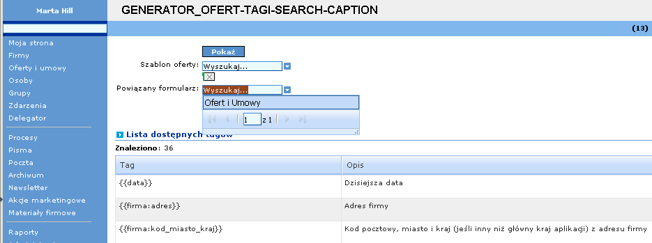 Eksport zawartości formularza do pliku PDF: Każde z pól formularza, stanowi jednocześnie tzw. 'Tag', będący kluczem dla danego pola.