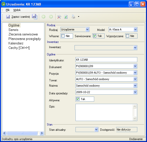 Przyjmowanie urządzenia do serwisu Lista urządzeń Wszystkie operacje związane z obsługą zleceń serwisowych mogą być wykonywane z użyciem listy Urządzenia w folderze Zlecenia serwisowe.