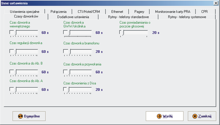 5.6.Czas i rytmy dzwonków Czas i rytmy dzwonków aparatów telefonicznych podłączonych do centrali definiuje się w oknie: menu Funkcje Inne ustawienia, w którym znajdują się zakładki: Czasy dzwonków