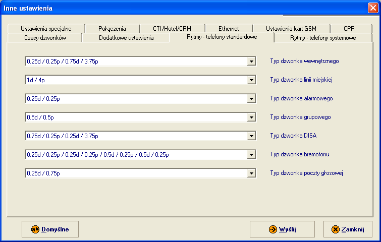 Rytmy - telefony standardowe typ dzwonka wewnętrznego - rytm dzwonienia w aparacie wewnętrznym gdy wywołującym jest inny abonent wewnętrzny typ dzwonka linii miejskiej - rytm dzwonienia w aparacie