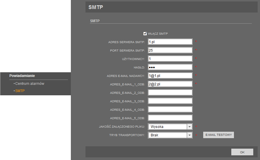 Instrukcja obsługi kamer serii NVIP-5000 wer.1.0. INTERFEJS WWW - PRACA Z KAMERĄ 3.12. Powiadamianie 3.12.1. Centrum alarmów Funkcja niedostępna. 3.12.2. SMTP W menu SMTP można aktywować, skonfigurować i przetestować usługę SMTP.