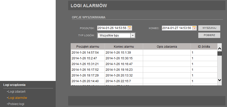 Instrukcja obsługi kamer serii NVIP-5000 wer.1.0. INTERFEJS WWW - PRACA Z KAMERĄ 3.15.2. Logi alarmów W menu Logi alarmów można wyszukać, wyświetlić i pobrać wybrane logi alarmów.