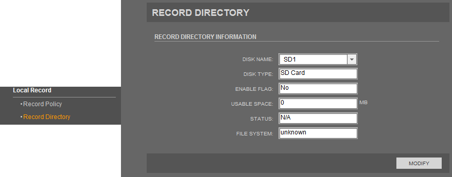 NVIP-5000 series user s manual ver.1.0 WWW INTERFACE - WORKING WITH IP CAMERA 3.9.2. Record Directory In Record Directory tab you can change SD memory card, NAS and FTP video parameters.