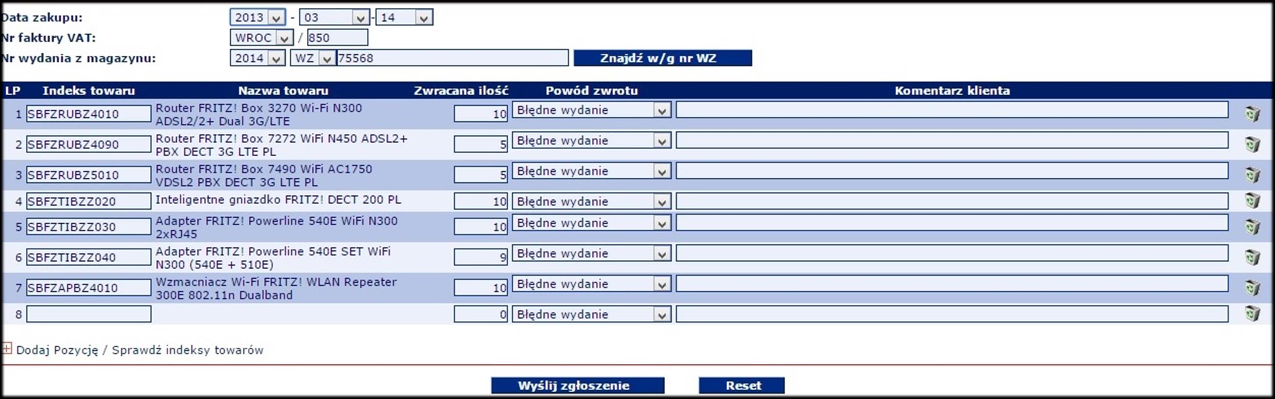 Następnie proszę wypełnić pola zwrotu, wybrać towary oraz ich ilość podając stosowny komentarz.