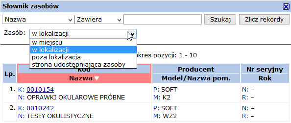 Rys. 6.19 Lista zasobów W nowo otwartym oknie znajdą się zasoby, które aktualnie znajdują się w umowie podpisanej z OW NFZ.