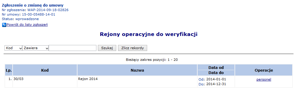 Rys. 6.23 Zgłoszenia zmian do umowy z zakresu RTM W nowo otwartym oknie pojawia się rejony operacyjne, których części składowe (personel medyczny) wymaga weryfikacji.