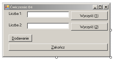 3. Uzupełnij kod do programu w taki sposób, aby po kliknięciu na komponencie (przycisku) Wyczyść znaki wprowadzone w polach tekstowych były usuwane. 4.