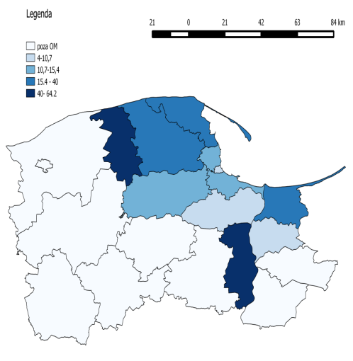 Dominacja Trójmiasta (a ściśle gmin: Gdańska i Gdyni, udział gminy Sopot w 2013 roku wynosił 1%) pogłębia się.