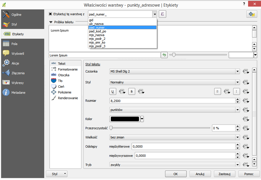 W tym oknie możliwy jest wybór Etykiety jaka ma się pokazywad przy punktach warstwy, możliwy jest również wybór czcionki, stylu oraz innych parametrów dotyczących Stylu tekstu.