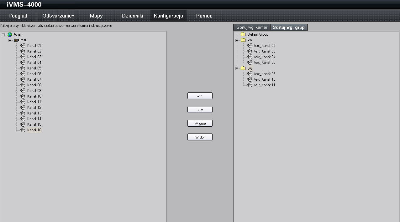 3.6 Sortowanie kamer Kliknięcie Sortuj wg. kamer w polu grup kamer umoŝliwia posortowanie kamer wg. uznania uŝytkownika co jest wykorzystywane przy poglądzie obrazów z kamer (patrz 4.1).