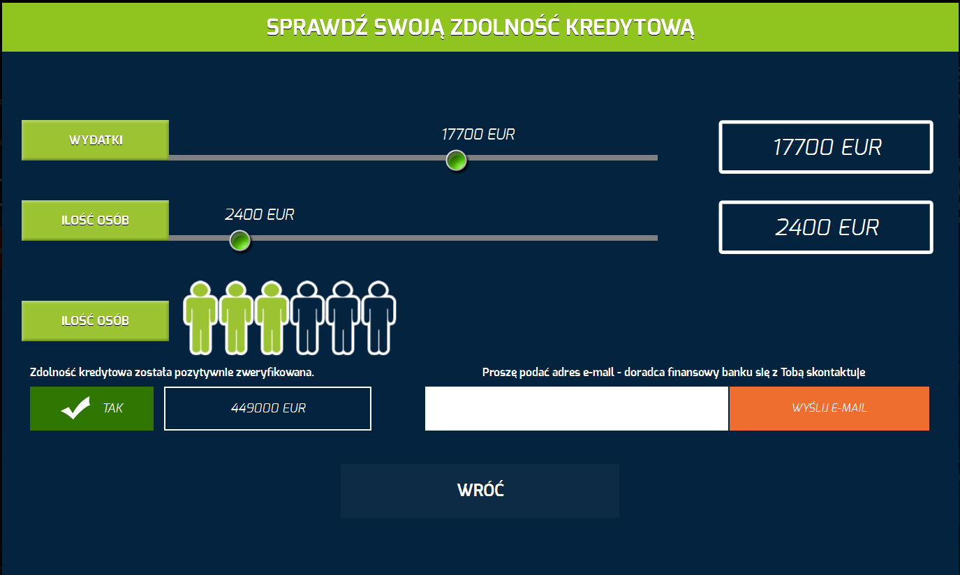 Obraz 46. Zmiana ilości osób Po zmianie ustawień w kroku 2, aby sprawdzić swoją zdolność kredytową należy jednokrotnie tapnąć Potwierdź. Obraz 47.