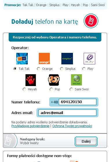 pl, dzięki którym internauta może dokonać doładowania konta telefonu na kartę bezpośrednio ze strony