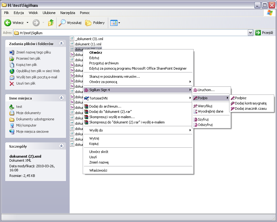 7 MENU KONTEKSTOWE Aplikacja Sigillum Sign 4 udostępnia użytkownikowi możliwość wywoływania głównych funkcji z poziomu Eksploratora systemu Windows, poprzez Menu kontekstowe dostępne po kliknięciu