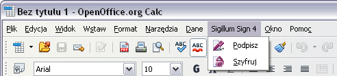 9 WTYCZKA DO PAKIETU OPEN OFFICE Jeżeli użytkownik ma zainstalowany pakiet biurowy Open Office, to po wykonaniu pełnej instalacji aplikacji Sigillum Sign 4 w aplikacjach Writer oraz Calc dodane