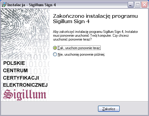 Po zainstalowaniu wszystkich składników aplikacji, użytkownik zostanie poinformowany komunikatem o rezultacie instalacji oraz poproszony o ponowne uruchomienie komputera.