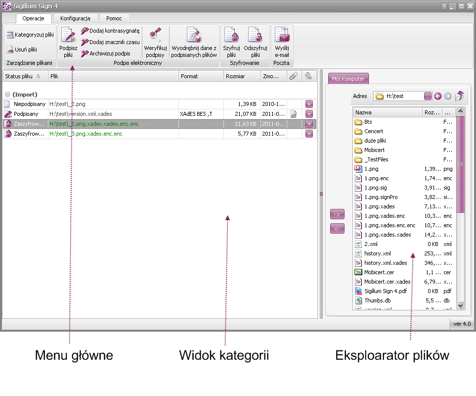 6 FUNKCJE APLIKACJI OKIENKOWEJ Aplikację w wersji okienkowej uruchamiamy z menu Start ->Programy-> Sigillum Sign 4 lub dwukrotnie klikając na skrócie aplikacji znajdującym się na pulpicie.