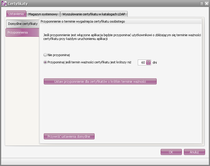 certyfikatów o krótkim terminie ważności użytkownik będzie mógł zaznaczyć certyfikaty, które mają zostać. UWAGA!