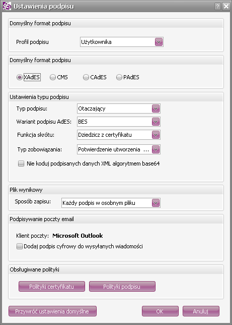 Profil podpisu umożliwia użycie jednego z predefinowanych ustawień podpisu. Wśród dostępnych profili podpisu są: Użytkownika pozwala na wprowadzenie własnych ustawień podpisu.