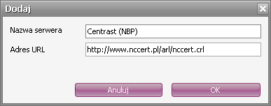 6.9.4 Serwery Zakładka Konfiguracja -> Opcje program -> Serwery pozwala na dodanie lub modyfikację list serwerów CRL, UZC oraz katalogów LDAP 6.9.4.1 Serwery CRL Zakładka Serwery CRL wyświetla listę adresów serwerów udostępniających listy CRL.