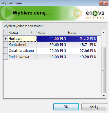 Formularz wyboru ceny towaru Dotyczy tylko modułu Handel Jeżeli cena sprzedaży towaru jest niższa niż cena zakupu (tzw.