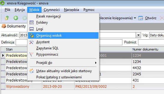 Przykład: Będąc na liście faktur, przy kursorze ustawionym na dowolnym zapisie z listy, rozpoczynamy wprowadzanie kolejnych znaków będących nr faktury (np. FV/0122).