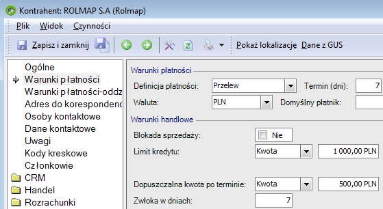 Kontrola należności podczas wystawiania dokumentu Limit w karcie kontrahenta W karcie kontrahenta można określić kwotę limitu kredytowego oraz dozwoloną kwotę należności przeterminowanych o określoną