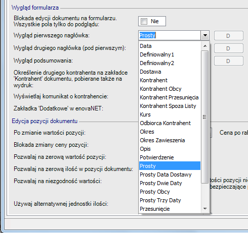 Zamienniki Sekcja Wygląd formularza: Blokada edycji dokumentu na formularzu włączenie uniemożliwia edytowanie dokumentu przez operatora. Zalecane włączenie np.