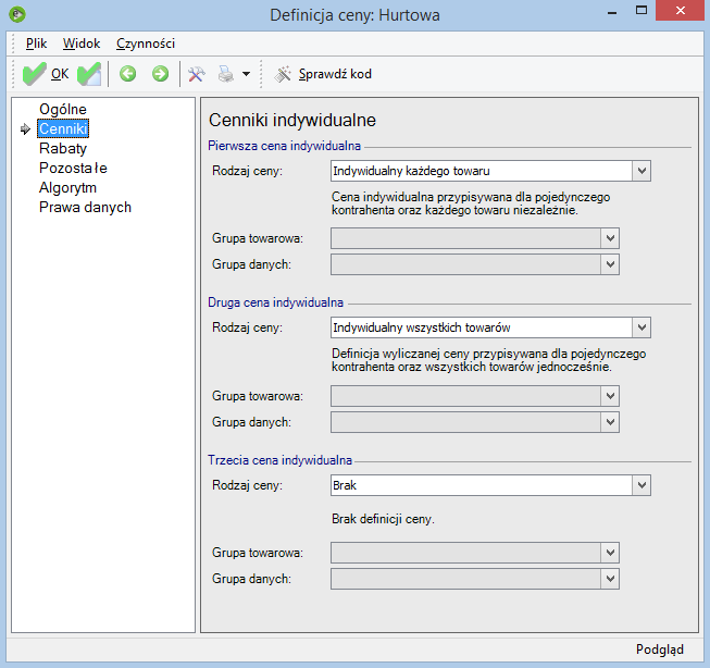 W przypadku aktywowania w systemie cen indywidualnych lub grupowych, sugerujemy wykorzystanie i modyfikację istniejących cen, czyli odpowiednie zmiany na zakładce Grupy wybranego formularza definicji