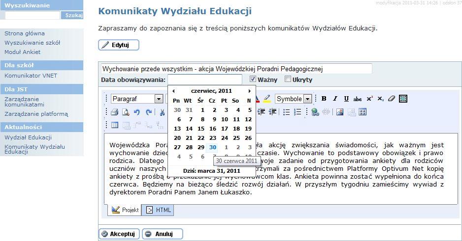 Podręcznik administratora Platformy systemu vedukacja 53 Dodawanie, edytowanie i usuwanie anonsów Tworząc stronę anonsów, w pierwszej kolejności określa się jej nagłówek oraz ewentualny tekst, który