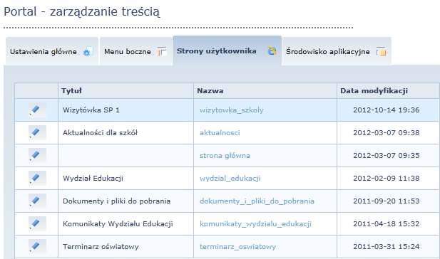 Podręcznik administratora Platformy systemu vedukacja 57 Zarządzanie stronami Wykaz wszystkich stworzonych przez użytkownika stron jest dostępny po wybraniu zakładki Strony użytkownika w menu