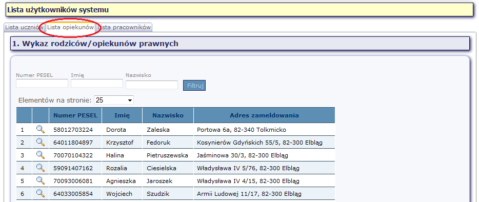 16 z 18 3.4 EDYCJA RODZICÓW / PRAWNYCH OPIEKUNÓW Jeśli dane osobowe rodzica / prawnego opiekuna się zmieniają, moduł Użytkownicy umożliwia ich edycję.