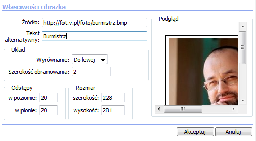 Gospodarka stronami Odstępy w pionie wpisując w pole liczbę pikseli, jaka ma oddzielać obrazek w pionie od tekstu i innych obrazków na tworzonej stronie portalu; Odstępy w poziomie wpisując w pole