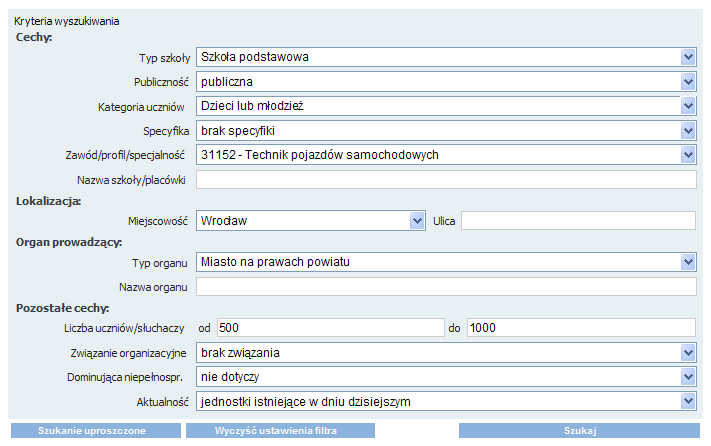 Podręcznik użytkownika Platformy Optivum NET Liczba uczniów/ słuchaczy od do, Związanie organizacyjne, Dominująca niepełnosprawność, Aktualność. Rysunek 62.