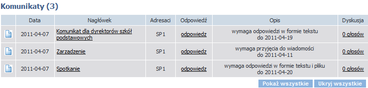 Podręcznik użytkownika Platformy Optivum NET Rysunek 65. Fragment okna z listą komunikatów adresowanych do konkretnego użytkownika Platformy Optivum NET.