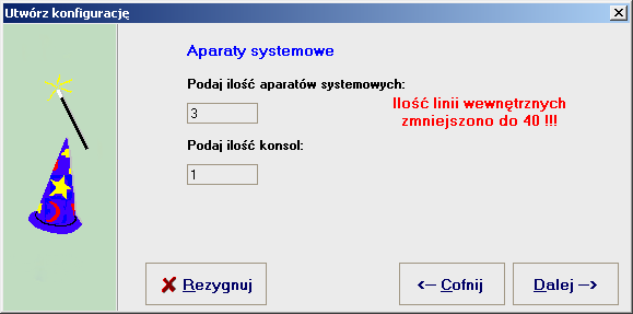 W pierwszym kroku podajemy ilość analogowych portów wewnętrznych w centrali zgodnie z aktualnym wyposażeniem oraz początek planu numeracyjnego.