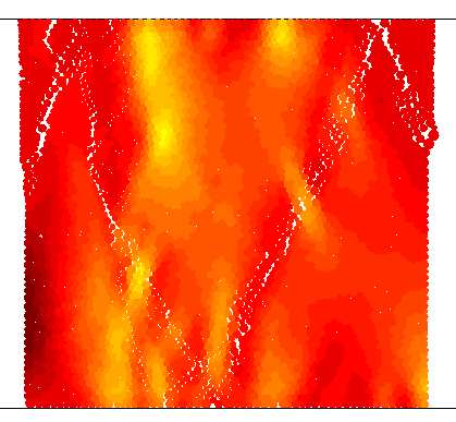 236 13. Modelowanie skał metodą elementów dyskretnych a) t = 0.0014 s b) t = 0.0016 s c) t = 0.0018 s d) t = 0.0020 s Rys. 13.13. Ewolucja zniszczenia próbki wraz z rozkładem naprężenia w kierunku obciążenia w symulacji próby jednoosiowego ściskania.
