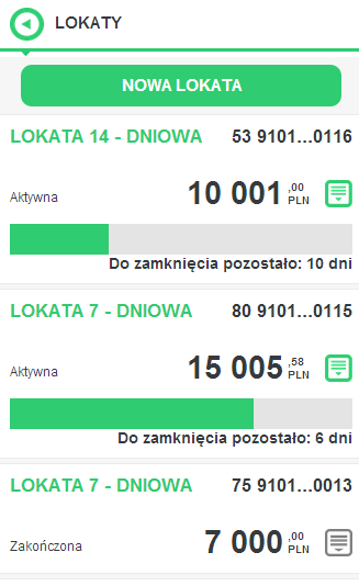 Lokaty Wybór opcji LOKATY dostępnej ze strony głównej aplikacji umożliwia podgląd listy lokat klienta.