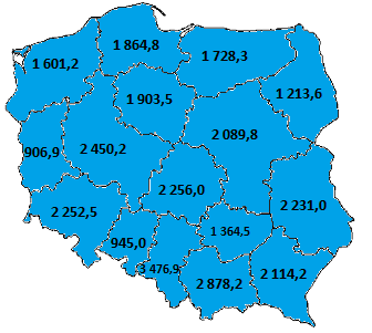 Mapa 2. Podział funduszy pomiędzy regionalne programy operacyjne w perspektywie finansowej 2014-2020 Źródło: Opracowanie własne na podstawie http://www.funduszeeuropejskie.gov.pl/ (dostęp: 09.12.