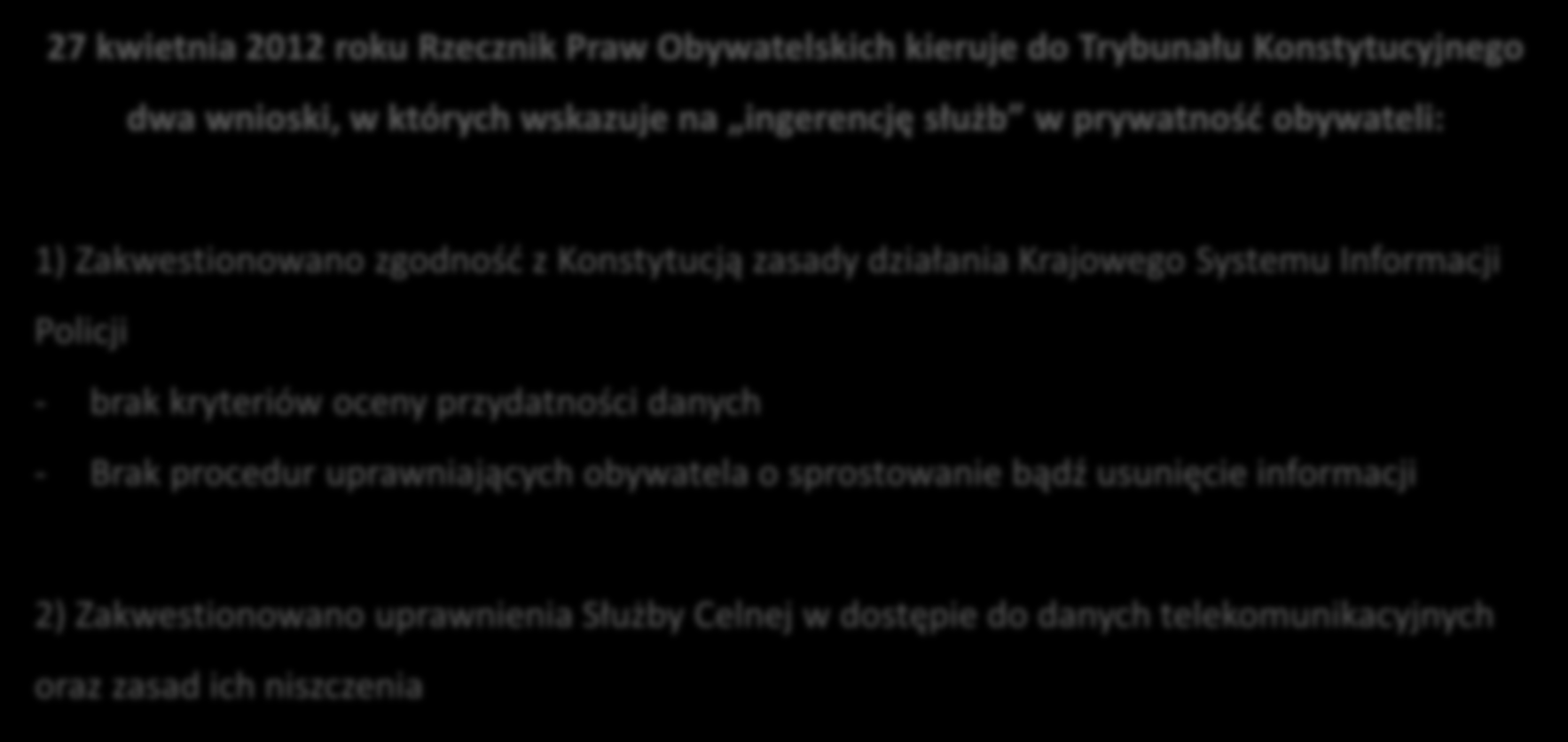 Drugi i trzeci wniosek RPO do Trybunału Konstytucyjnego 27 kwietnia 2012 roku Rzecznik Praw Obywatelskich kieruje do Trybunału Konstytucyjnego dwa wnioski, w których wskazuje na ingerencję służb w