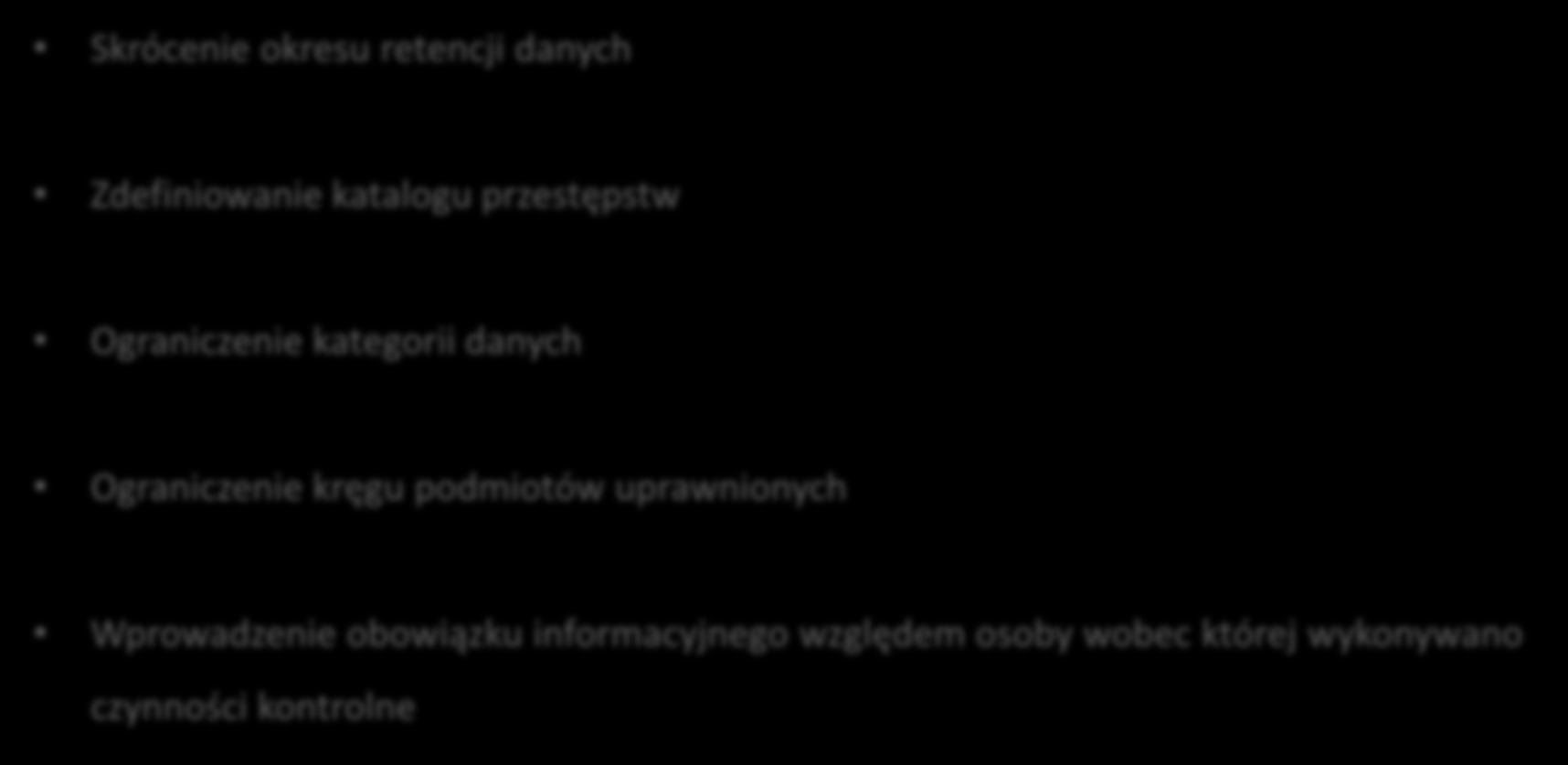 Organizacje pozarządowe Skrócenie okresu retencji danych Zdefiniowanie katalogu przestępstw Ograniczenie kategorii danych