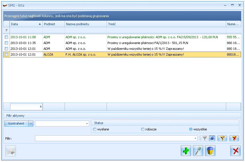 9.6 Lista SMS Lista tworzonych w programie wiadomości SMS jest dostępna w menu CRM/ SMS: Lista zawiera kolumny: Rys. 87.