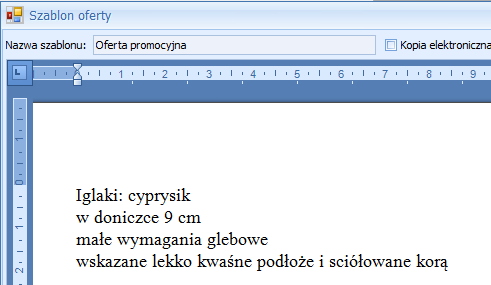 Przykład 1 Wczytywanie pola z bazy Wybieramy na szablon oferty pole nazwa towaru oraz opis towaru. Zapisujemy zmiany na szablonie.