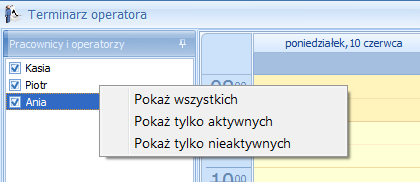 grupuj według zasobu - po wybraniu tej opcji terminarz podzielony jest na operatorów ( w zależności ilu jest zaznaczonych na panelu ) i dla operatora wyświetlone są wszystkie dni z wybranego