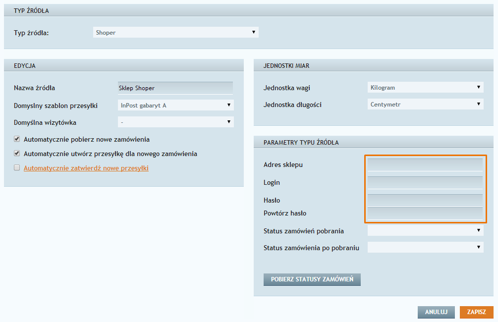 Rys. 11 Konfiguracja źródła przesyłek w panelu Sheepla Krok 8 Po wypełnieniu podstawowych parametrów źródła, klikamy na zamówienia po pobraniu.