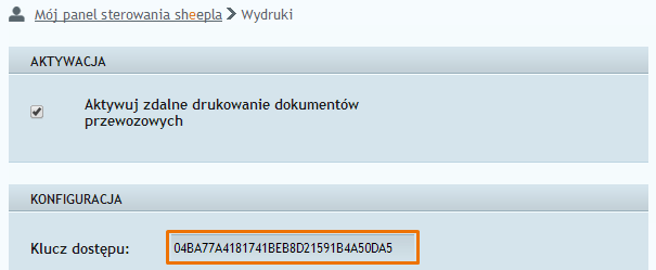 Rys. 53 Kopiowanie klucza administracyjnego z panelu Sheepla Klucz administracyjny etykiet znajdujący się w panelu Sheepla w zakładce Konfiguracja Wydruki przy zaznaczonej opcji Aktywuj zdalne