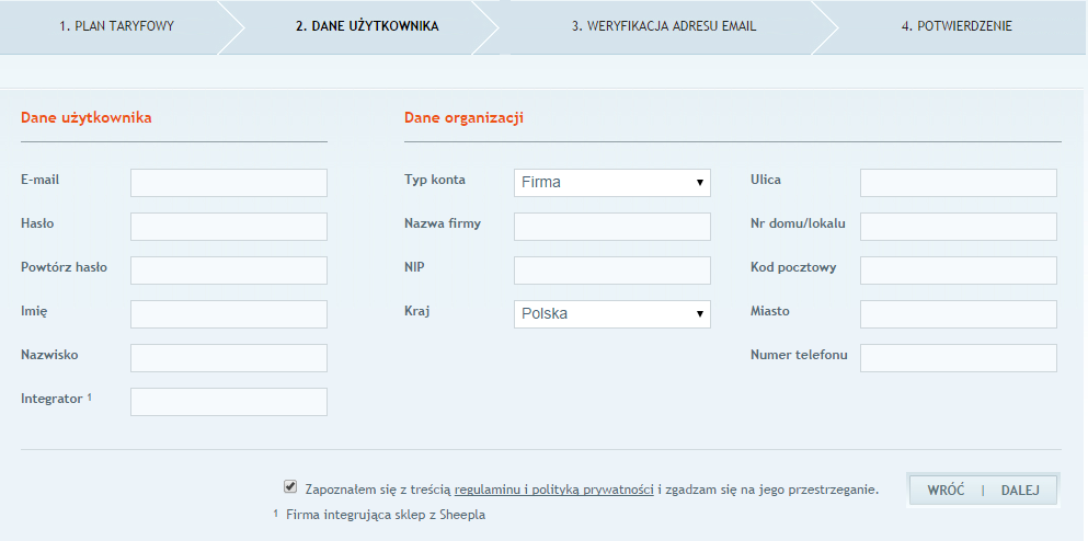 Rys. 2 Formularz rejestracyjny Krok 3 Na adres e-mail podany podczas zakładania konta zostanie wysłana wiadomość z linkiem aktywacyjnym potwierdzającym rejestrację.