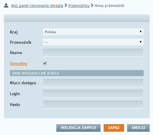 4.1 Przewoźnicy W celu wysyłania paczki przez operatora logistycznego, z którym podpisaliśmy umowę, za pośrednictwem Sheepla, należy skonfigurować jego konto (w przypadku niektórych przewoźników