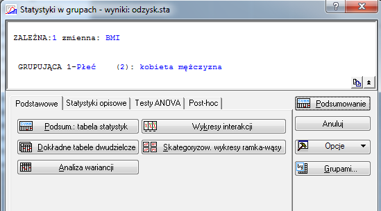 Po wybraniu menu Statystyka -> Statystyki podstawowe i tabele -> Przekroje, prosta ANOVA należy określić zmienne