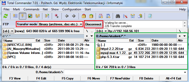 - logujemy się jako student z hasłem student - przegrywamy pliki instalacyjne do folderu home/student na maszynie wirtualnej (transfer konieczny w trybie binarnym) - rozłączamy połączenie klikając